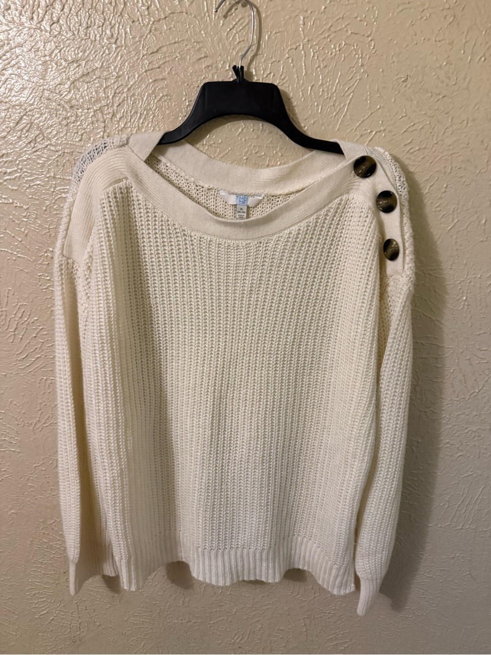 Time and Tru Cream Button-Shoulder Knit Sweater